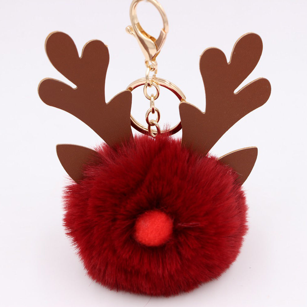 Wholesale Light Blue Plush Elk Antler Keychain With Pom Pom Gold Finished Leather Pendant Christmas Purse Charm Gift For Women Boutique Resale