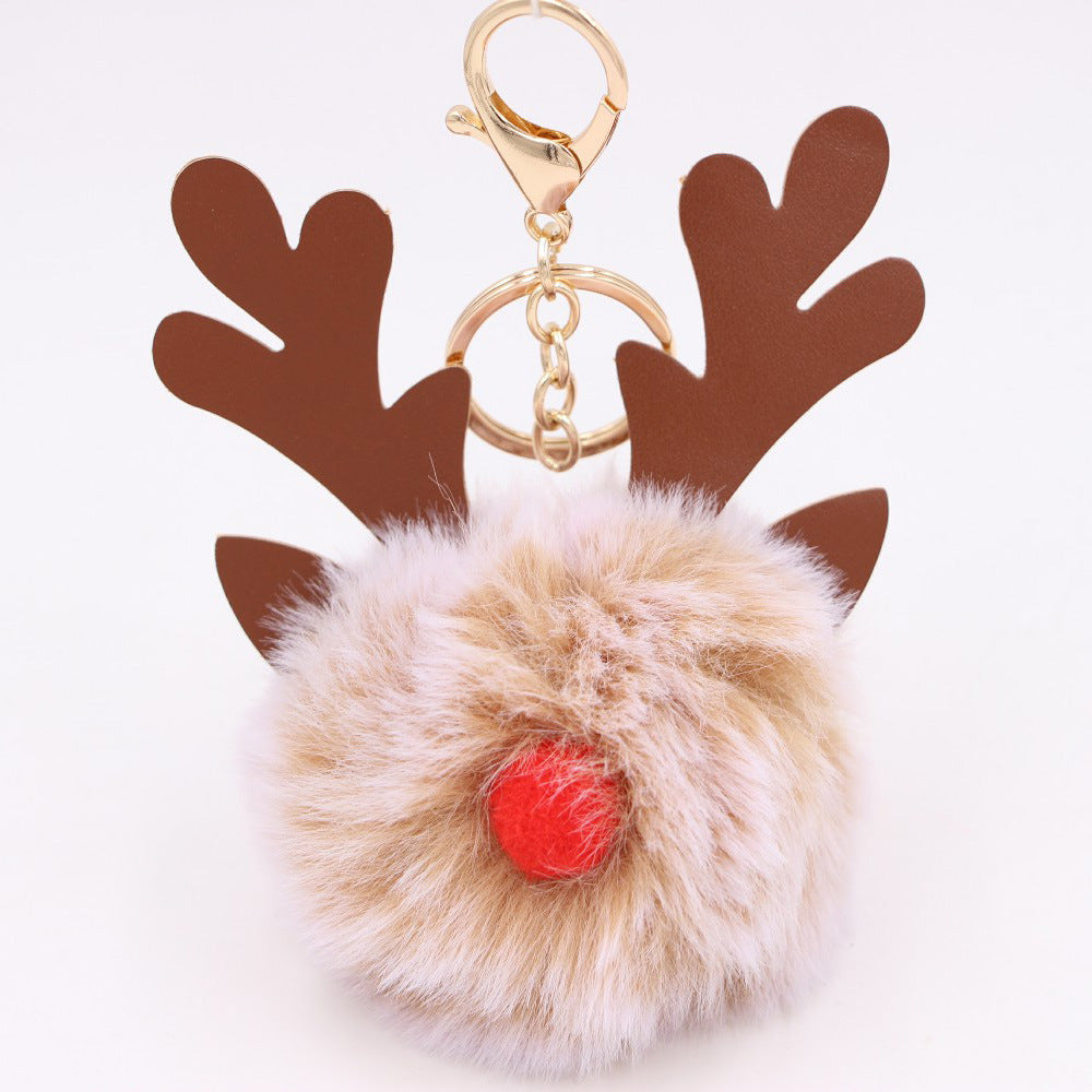 Wholesale Light Blue Plush Elk Antler Keychain With Pom Pom Gold Finished Leather Pendant Christmas Purse Charm Gift For Women Boutique Resale