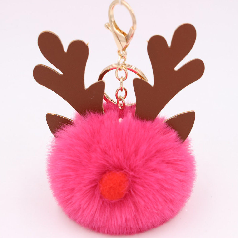 Wholesale Light Blue Plush Elk Antler Keychain With Pom Pom Gold Finished Leather Pendant Christmas Purse Charm Gift For Women Boutique Resale