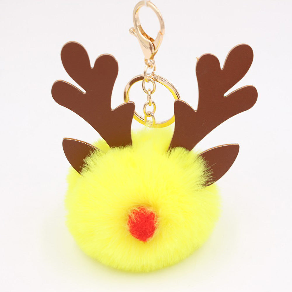 Wholesale Light Blue Plush Elk Antler Keychain With Pom Pom Gold Finished Leather Pendant Christmas Purse Charm Gift For Women Boutique Resale