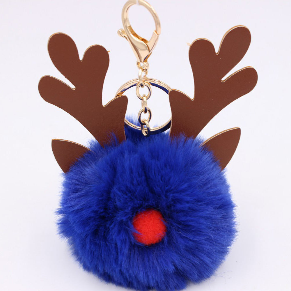 Wholesale Light Blue Plush Elk Antler Keychain With Pom Pom Gold Finished Leather Pendant Christmas Purse Charm Gift For Women Boutique Resale