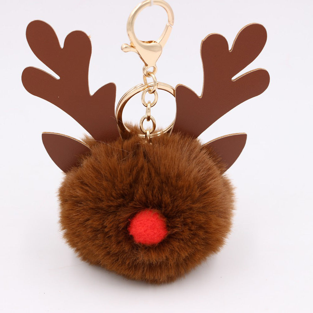Wholesale Light Blue Plush Elk Antler Keychain With Pom Pom Gold Finished Leather Pendant Christmas Purse Charm Gift For Women Boutique Resale