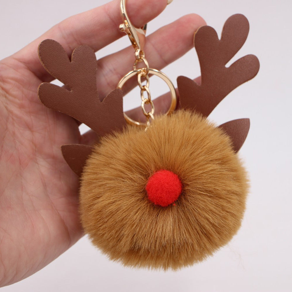 Wholesale Light Blue Plush Elk Antler Keychain With Pom Pom Gold Finished Leather Pendant Christmas Purse Charm Gift For Women Boutique Resale
