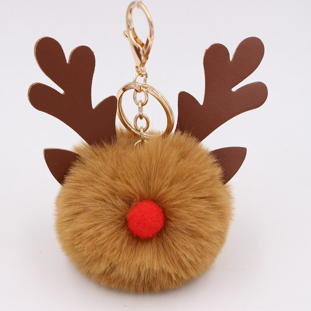 Wholesale Light Blue Plush Elk Antler Keychain With Pom Pom Gold Finished Leather Pendant Christmas Purse Charm Gift For Women Boutique Resale