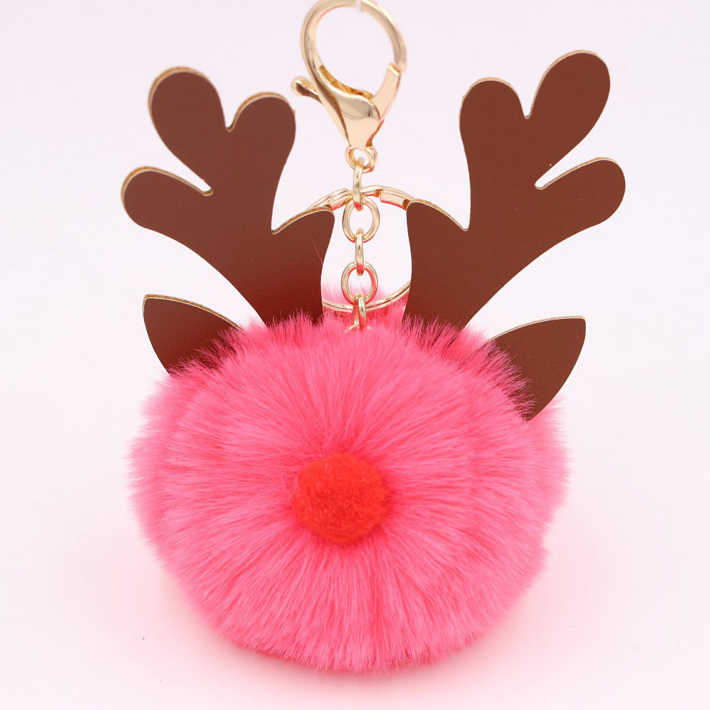 Wholesale Light Blue Plush Elk Antler Keychain With Pom Pom Gold Finished Leather Pendant Christmas Purse Charm Gift For Women Boutique Resale