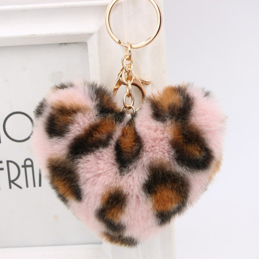 Wholesale Leather Leopard Heart Pom Pom Keychain Stylish Gold Chain Bag Charm For Women Everyday Gift Boutique Resale