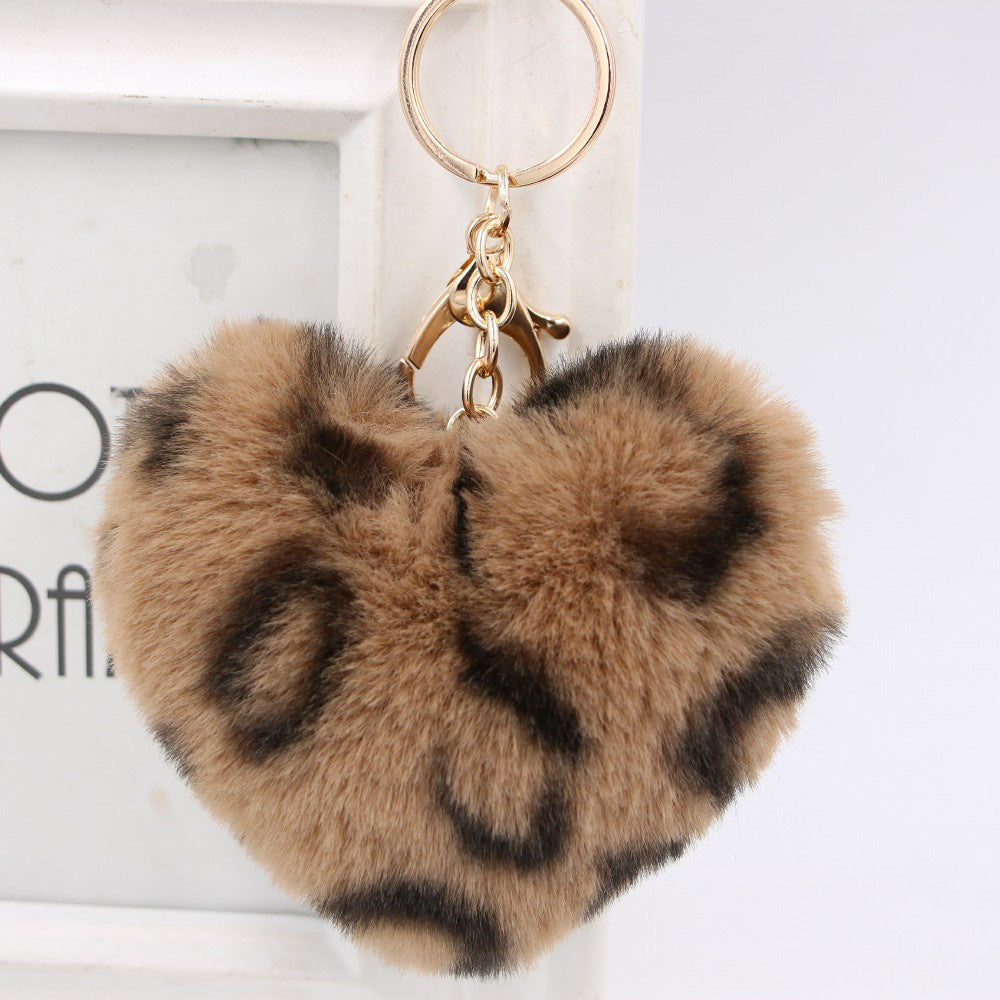 Wholesale Leather Leopard Heart Pom Pom Keychain Stylish Gold Chain Bag Charm For Women Everyday Gift Boutique Resale
