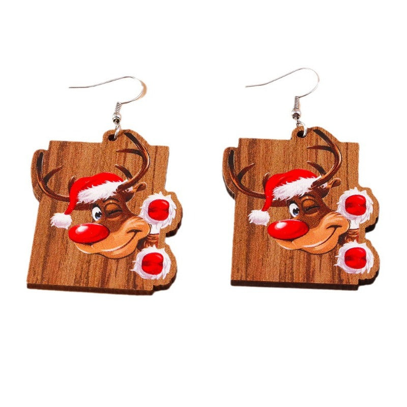 Wholesale Christmas Cartoon Cute Santa Claus Elk Wooden Earrings