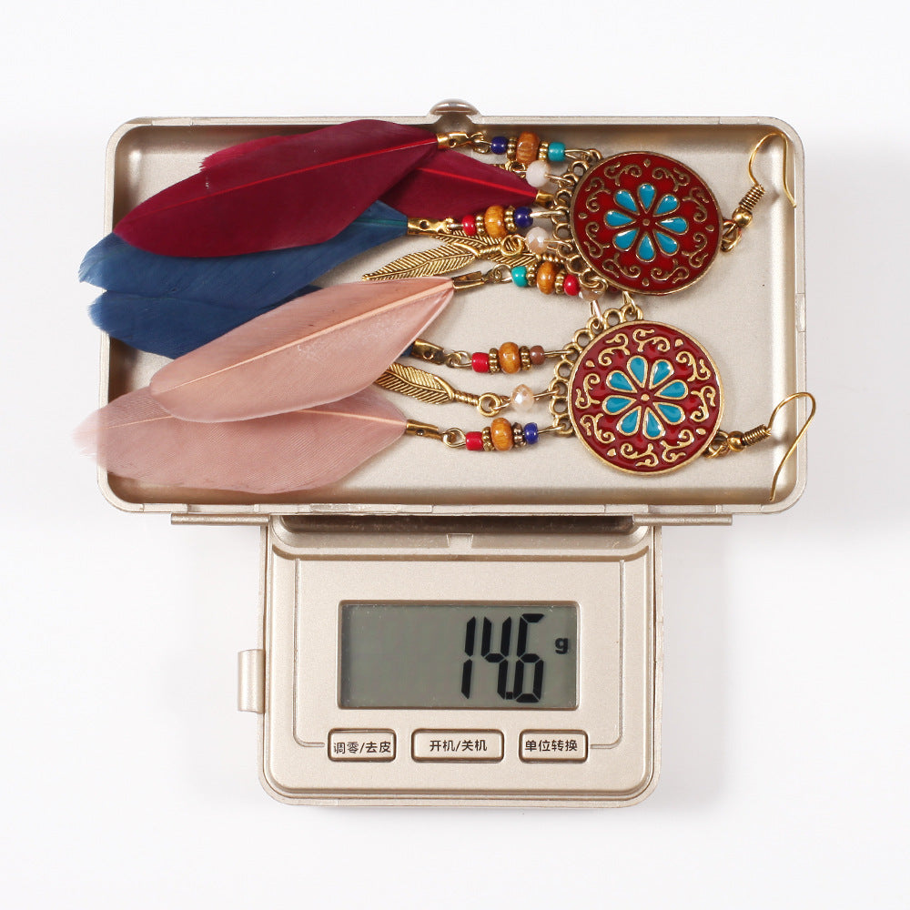 Wholesale Bohemian Ethnic Style Disc Pattern Alloy Feather Earrings