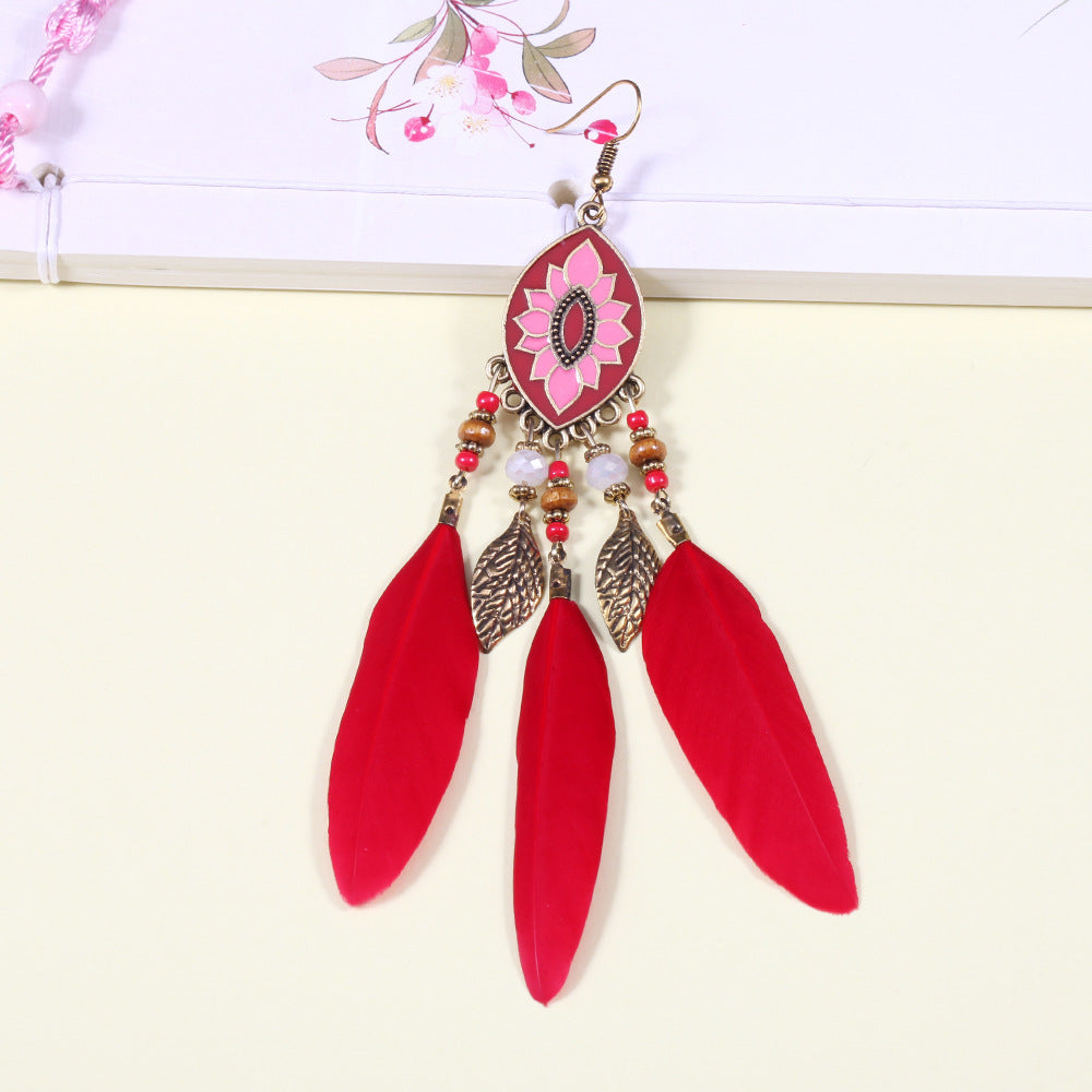 Wholesale Bohemian Ethnic Style Leaf Feather Alloy Earrings