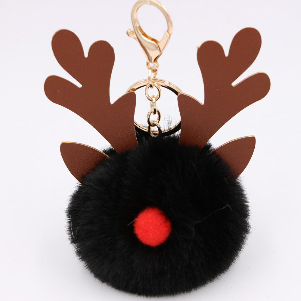 Wholesale Light Blue Plush Elk Antler Keychain With Pom Pom Gold Finished Leather Pendant Christmas Purse Charm Gift For Women Boutique Resale