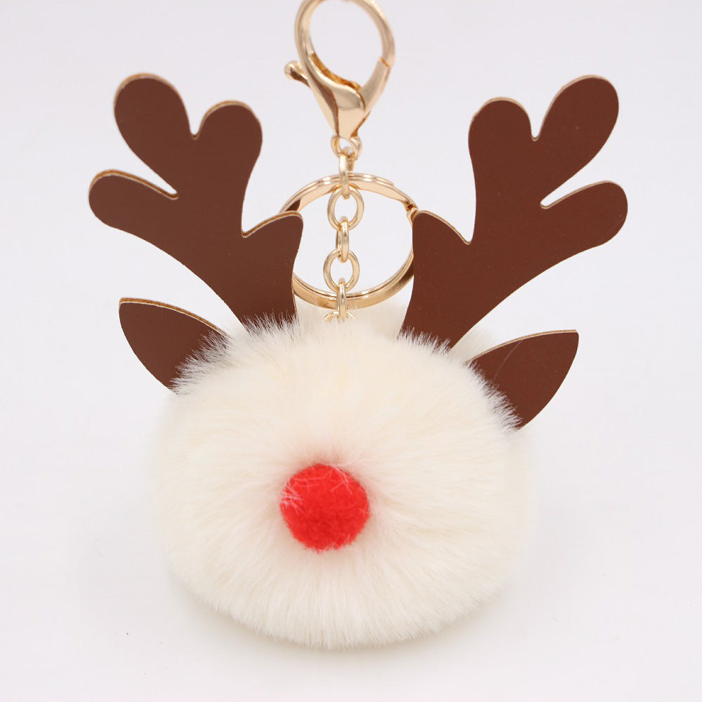 Wholesale Light Blue Plush Elk Antler Keychain With Pom Pom Gold Finished Leather Pendant Christmas Purse Charm Gift For Women Boutique Resale