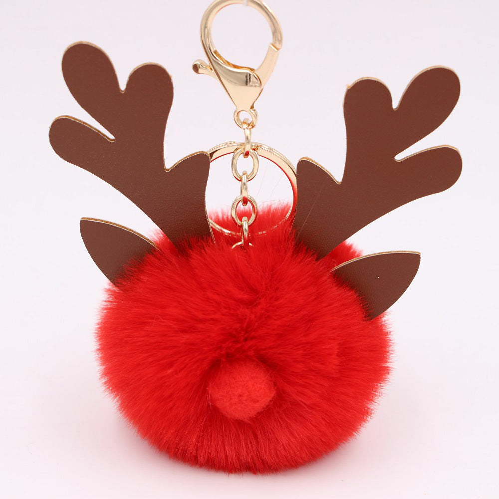 Wholesale Light Blue Plush Elk Antler Keychain With Pom Pom Gold Finished Leather Pendant Christmas Purse Charm Gift For Women Boutique Resale
