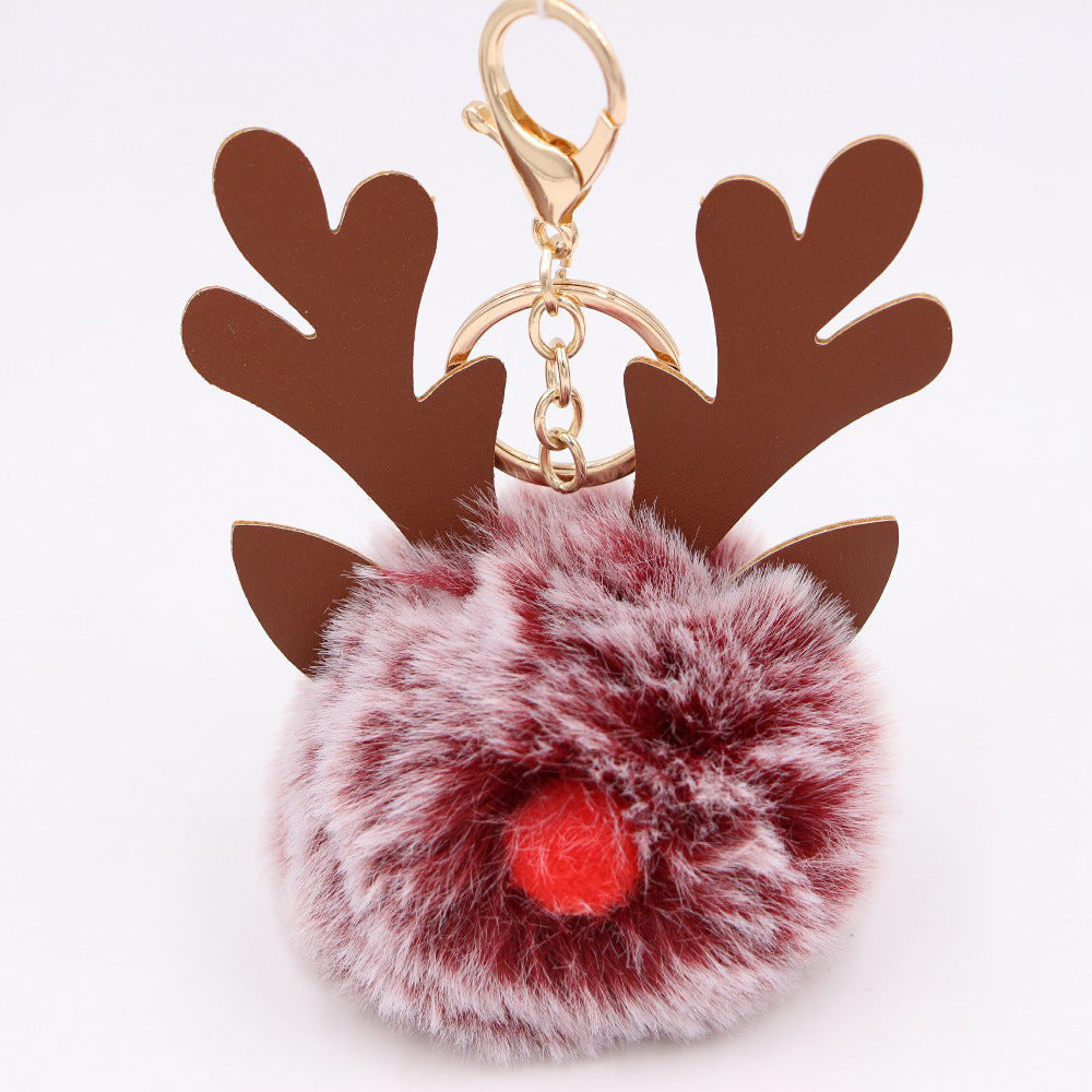 Wholesale Light Blue Plush Elk Antler Keychain With Pom Pom Gold Finished Leather Pendant Christmas Purse Charm Gift For Women Boutique Resale