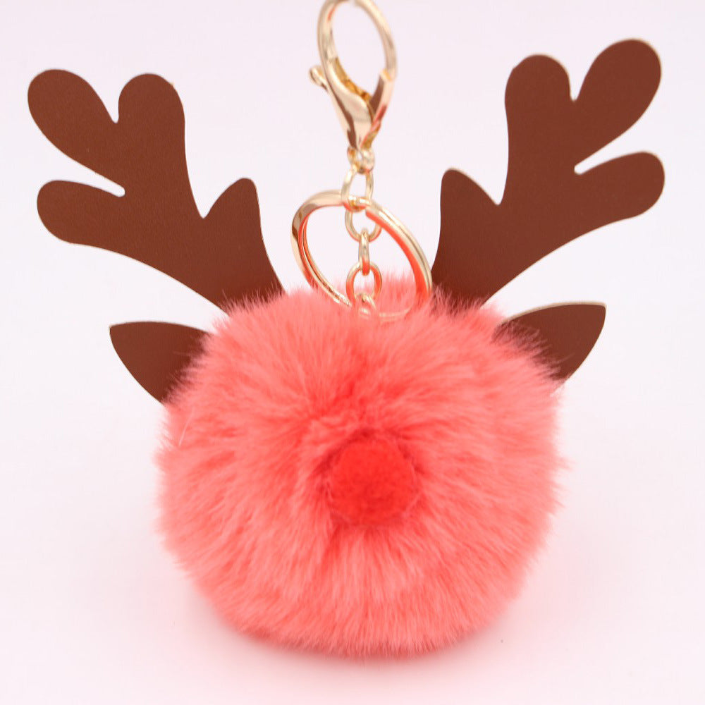 Wholesale Light Blue Plush Elk Antler Keychain With Pom Pom Gold Finished Leather Pendant Christmas Purse Charm Gift For Women Boutique Resale