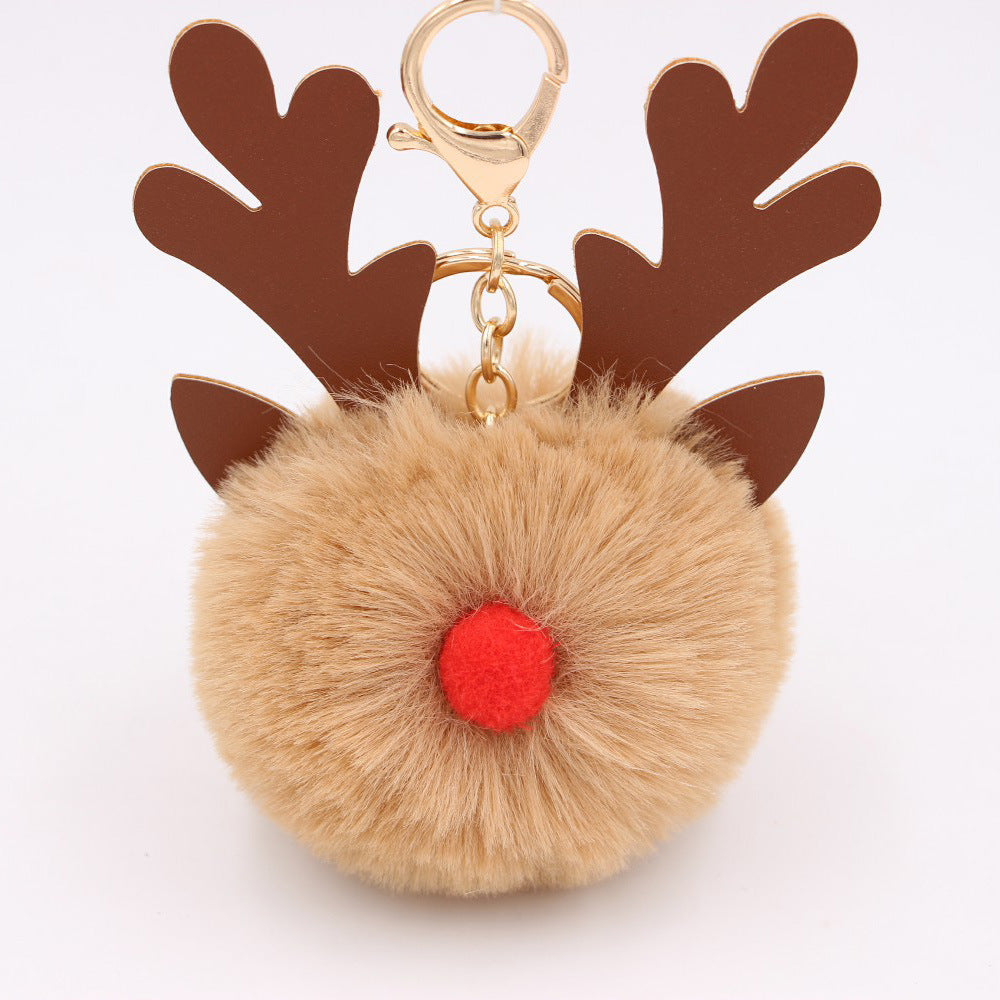 Wholesale Light Blue Plush Elk Antler Keychain With Pom Pom Gold Finished Leather Pendant Christmas Purse Charm Gift For Women Boutique Resale