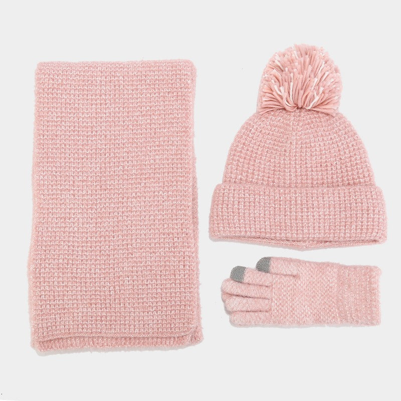 Wholesale Coarse Grain Big Fur Ball Hat Set Autumn and Winter Thick Warm Simple Cold-proof Three-piece Set