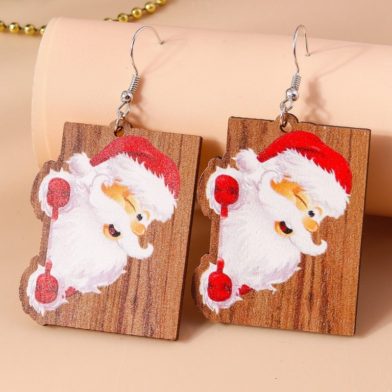 Wholesale Christmas Cartoon Cute Santa Claus Elk Wooden Earrings