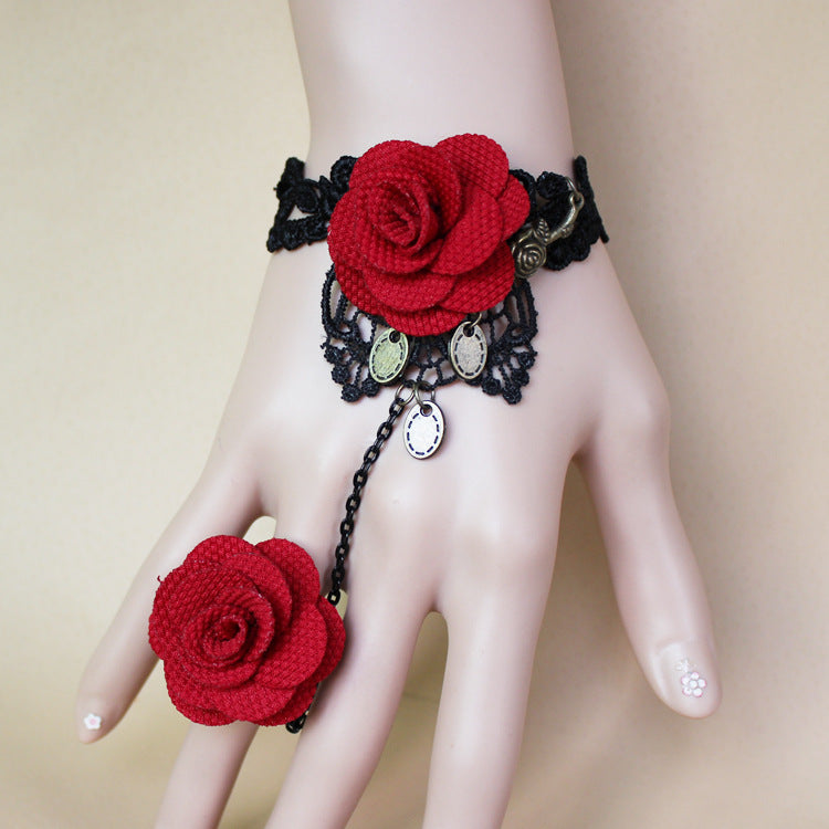 Wholesale Retro Gothic Punk Bracelet Lace Rose Bracelet with Ring Fashionable Burgundy Flower Lace Bracelet