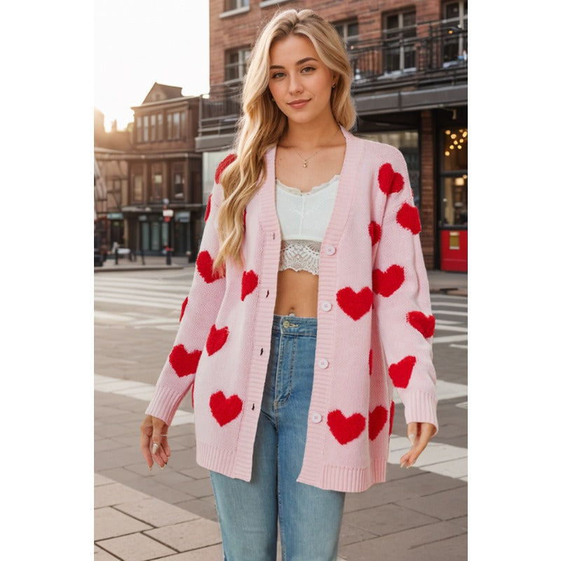 Wholesale Valentine's Day Heart Knitted Cardigan V-neck Button Midi-length Coat