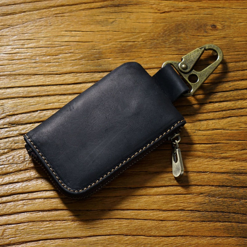 Wholesale Cowhide Waist Hanging Portable Zipper Storage Bag Leather Keychain