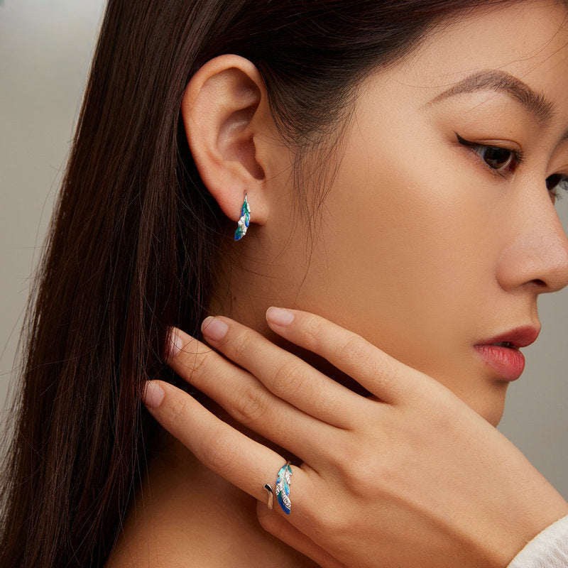 Wholesale S925 Sterling Silver Dazzling Blue Feather Earrings Ring