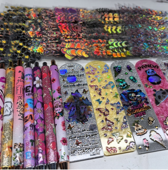 Wholesale Random Holographic Stickers 20/50/100pcs UV DTF Wraps Pen Sticker & Cartoon Random Styles Bookmark Stickers for Crafts Wraps