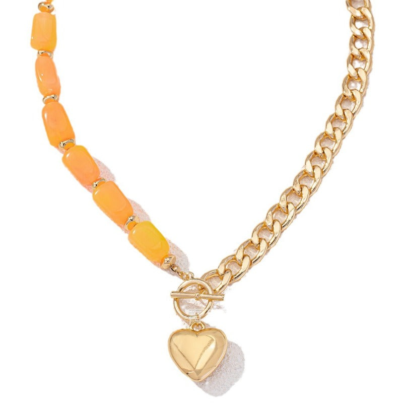 Wholesale Fashion Acrylic Colored Stone Heart-shaped Niche Design Metal Necklaces