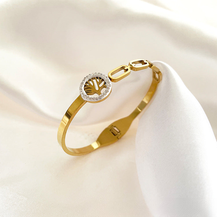 Wholesale 18K Gold Plated Geometric Disc Set with Diamond Tree Hollow Titanium Steel Bracelet