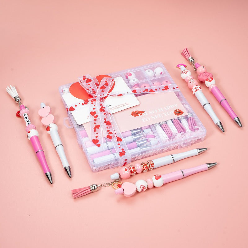 wholesale beadable pens 17 Grid Valentine's Day DIY Box Wooden Bead Letter Bead Tassel Handmade Bead Pen