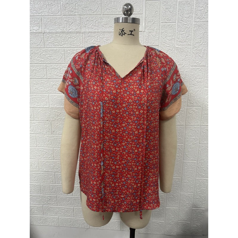 Wholesale Casual Print V -neck Loose Short Sleeves