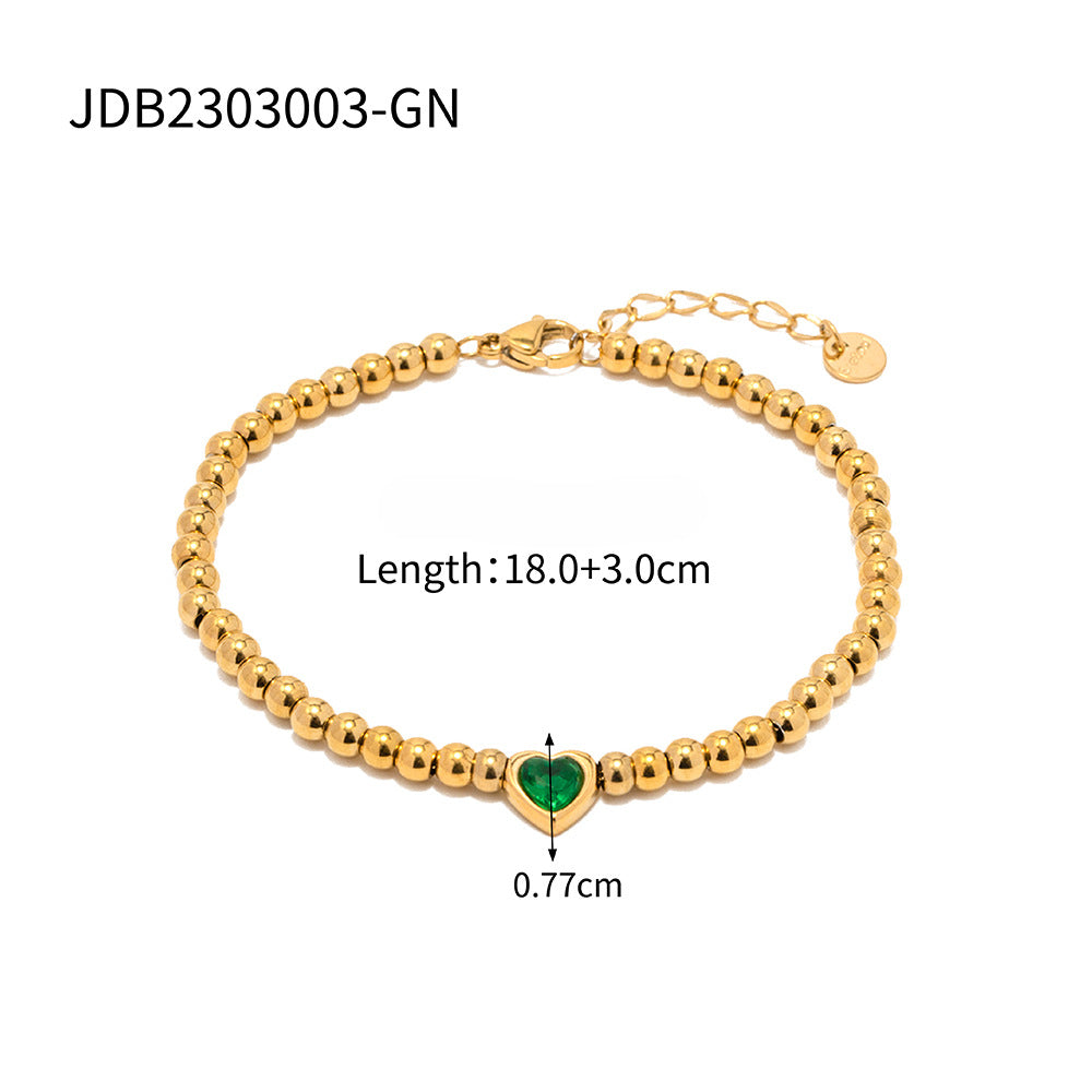 Wholesale Titanium Steel 16k Gold Bead Green Heart Zircon Bracelet
