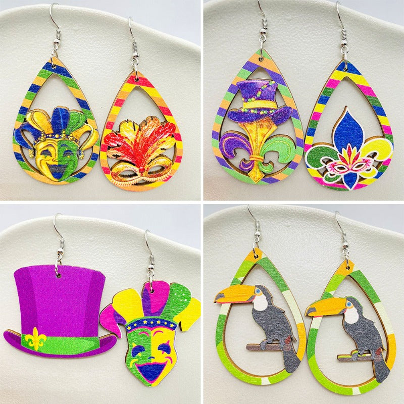 Wholesale Colorful Festival Exaggerated Mask Water Drop Hollow Wooden Earrings