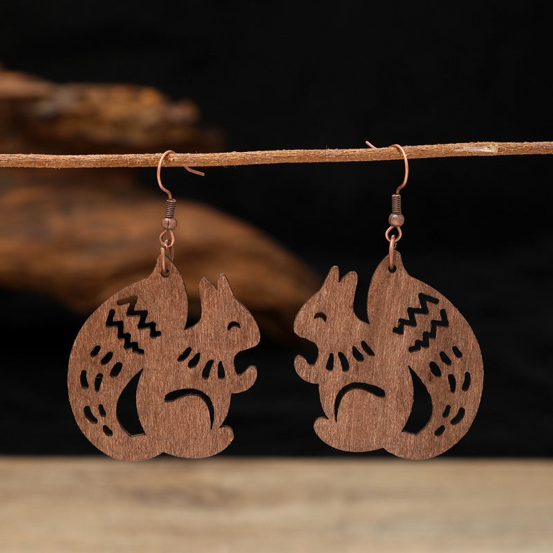 Wholesale Hollow Wooden Squirrel Maple Leaf Personalized Retro Ethnic Style Earrings
