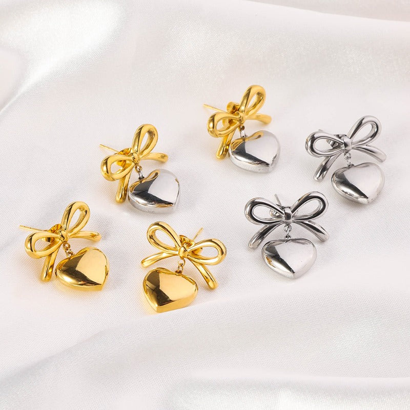 Wholesale Light Luxury Retro Stainless Steel Plated 18k Gold Bow Titanium Steel Heart Earrings