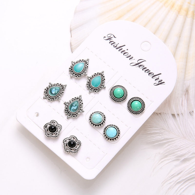 Wholesale Blue Dazzling Turquoise Gemstones Bohemian Style Stud Earrings