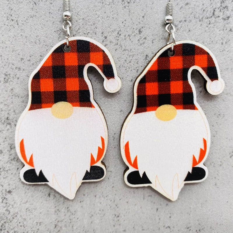 Wholesale Christmas red plaid dwarf wood earrings