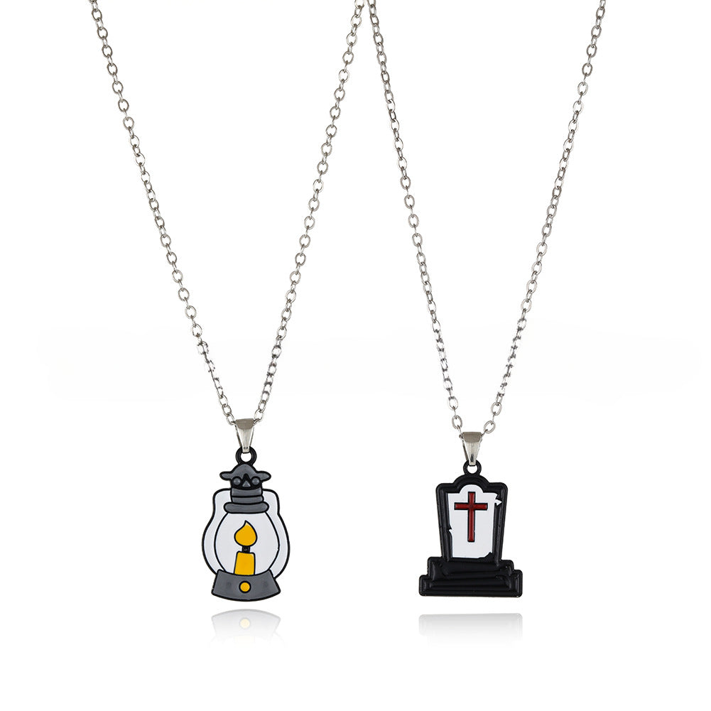 Wholesale New Halloween Cartoon Kids Alloy Drip Oil Spooky Pumpkin Necklace Set