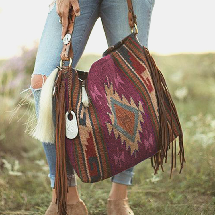Wholesale Canvas Aztec Pattern Retro Handwoven Tassel Cotton Linen Shoulder Bag