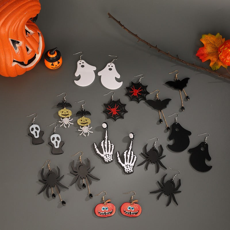 Wholesale Acrylic Gothic Dark Pumpkin Bat Skull Earrings