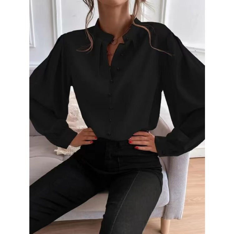Wholesale New Elegant Solid Lapel Long Sleeve Single-breasted Loose Blouse with Solid Lapels
