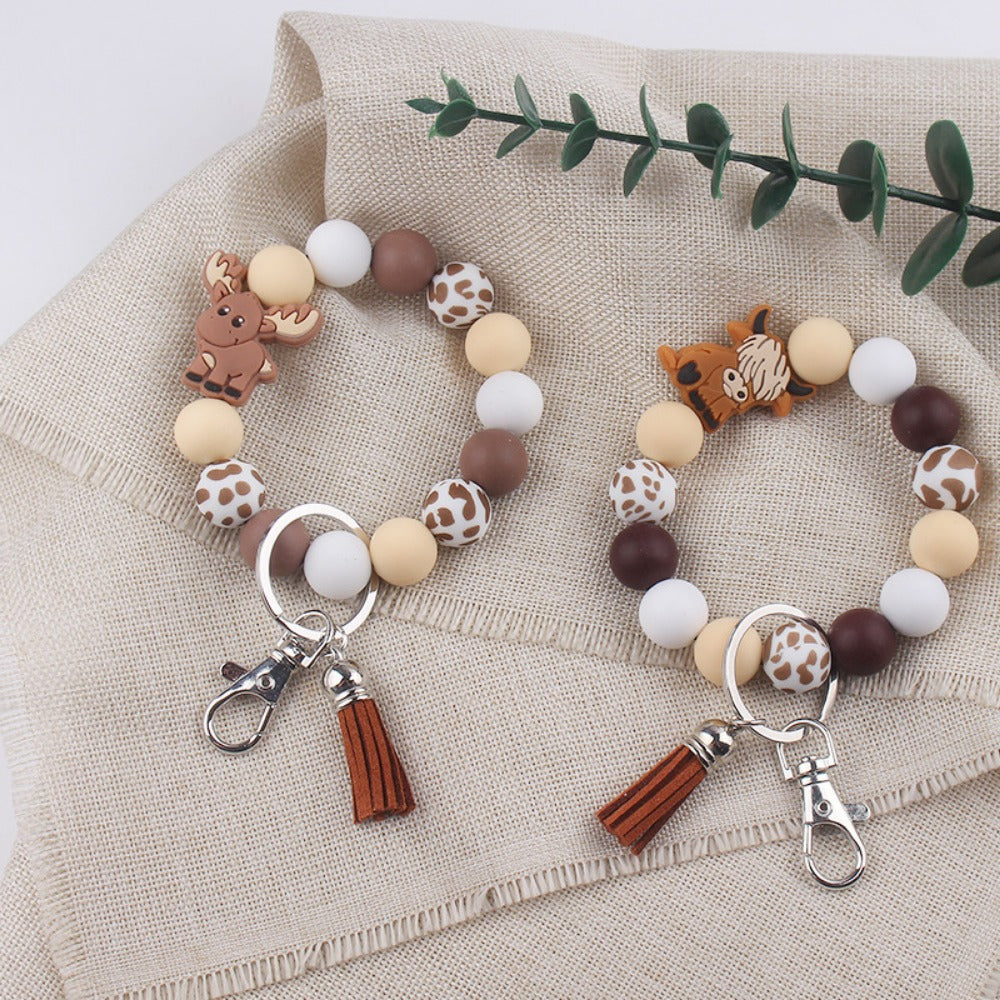 Wholesale Cartoon Bull Head Silicone Beaded Wrist Keychain