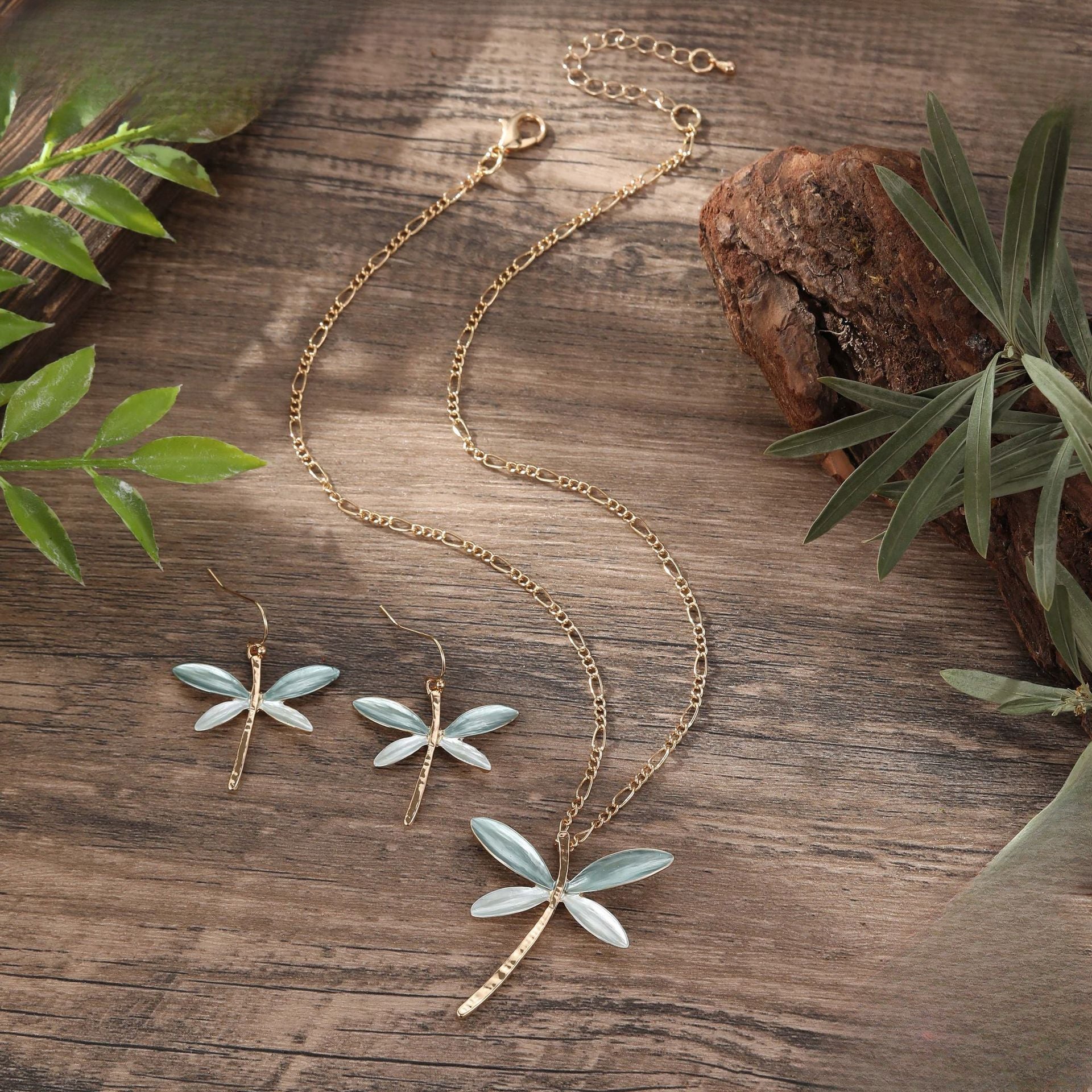 Wholesale 2pcs New Colorful Painting Oil Dragonfly Stud Earring Pendant Beautiful and Versatile Necklace Set