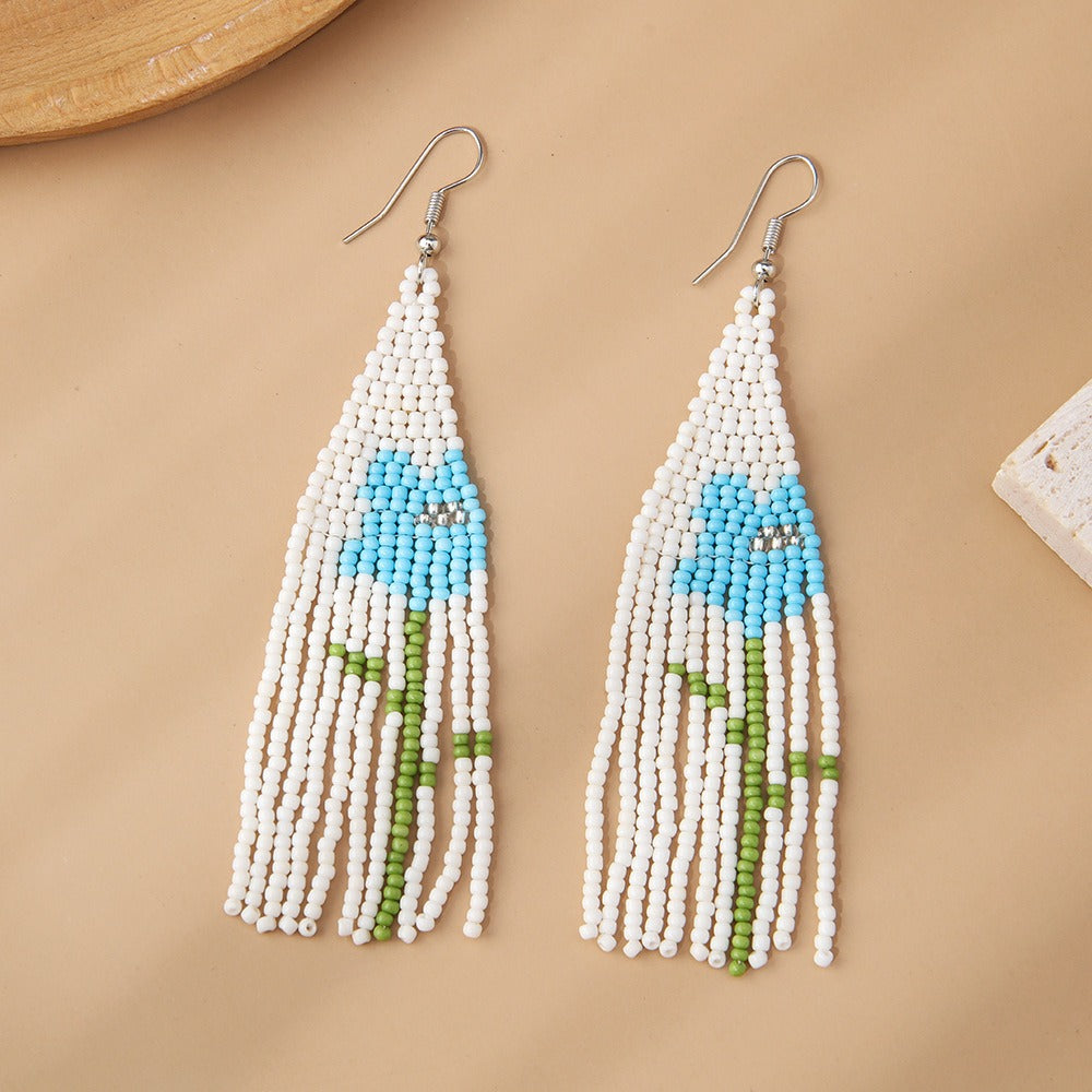 Wholesale Boho Flower Rice Beads Tassel Hand Braided Earrings
