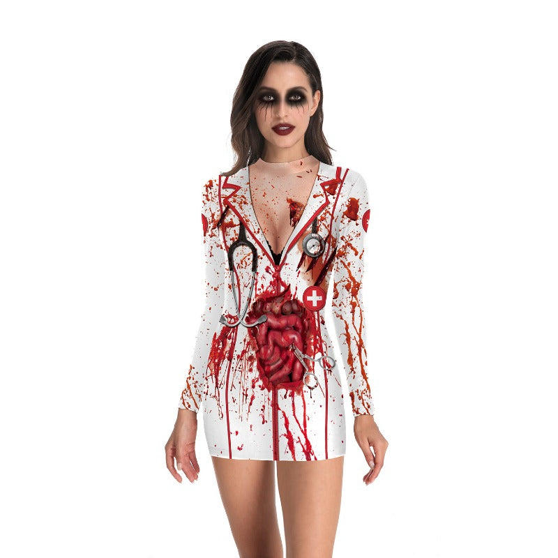 Wholesale Halloween Nurse Zombie Round Neck Slim Long Sleeve Dress