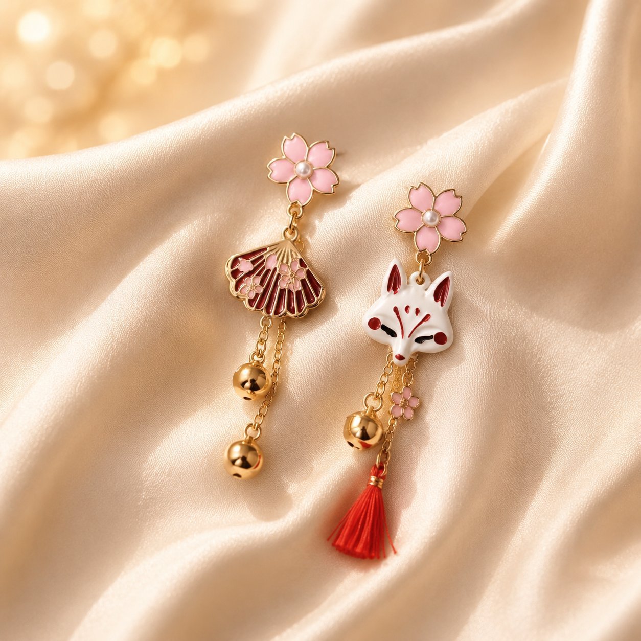 Wholesale Japanese Fox Fan Asymmetric Earrings For Women Anime Tassel Dangle Earrings Party Wear Gift