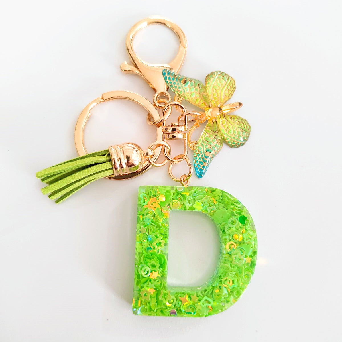 Wholesale 26 English Alphabet Keychain Pendant Green Star Glitter Resin Pendant  Key Chain