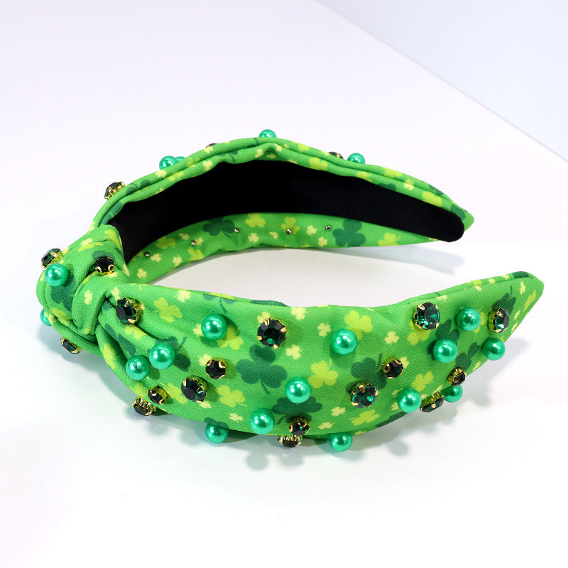Wholesale Diamond Check Headband Retro Wide-rim Printed Plant Clover Knotted Headband Holiay Hair Accessories