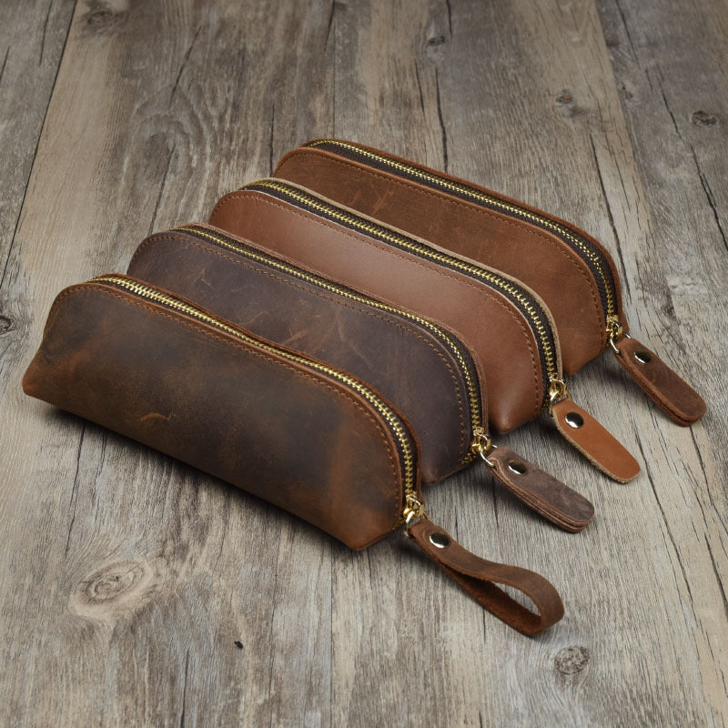 Wholesale Vintage Minimalist Cowhide Zippered Pencil Case