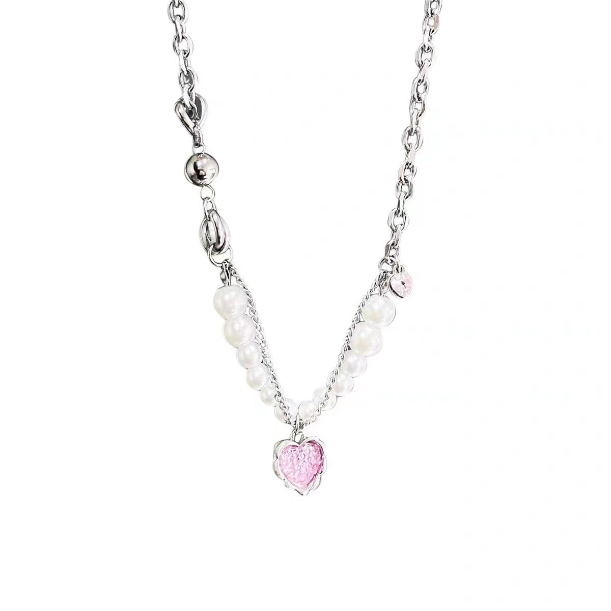 Wholesale Pink Heart Pearl Stitching Necklaces